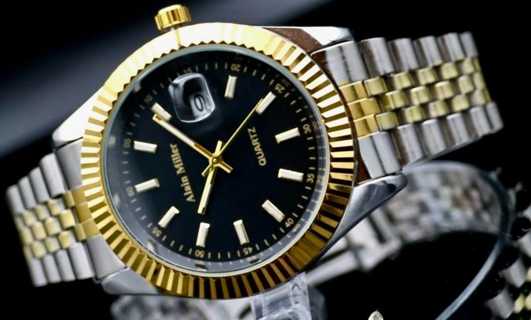 Alain Miller Herren Armband Uhr Datum Schwarz Bicolor Elegant Leuchtzeiger1