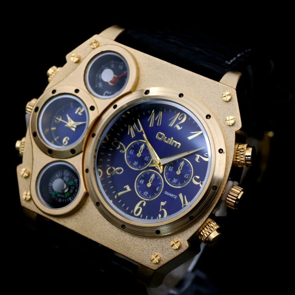 XL Herren Männer Dual Timer Uhr Herrenuhr Blau Gold Farben Kompass & Thermometer2