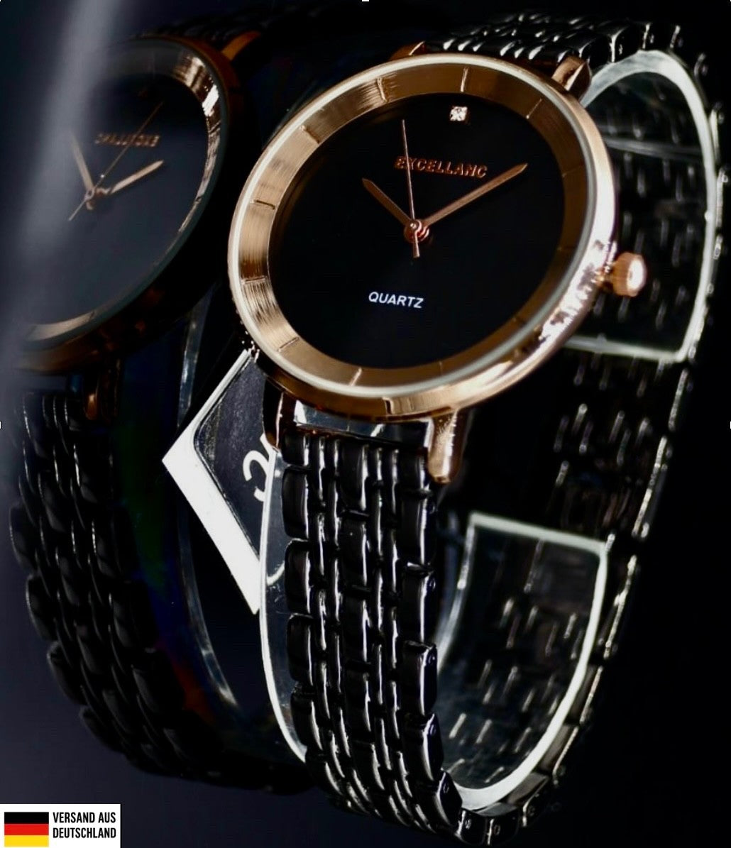 Excellanc Frauen Damen Armband Uhr Rosé Schwarz Farben Damenuhr Crystal-Besatz *0