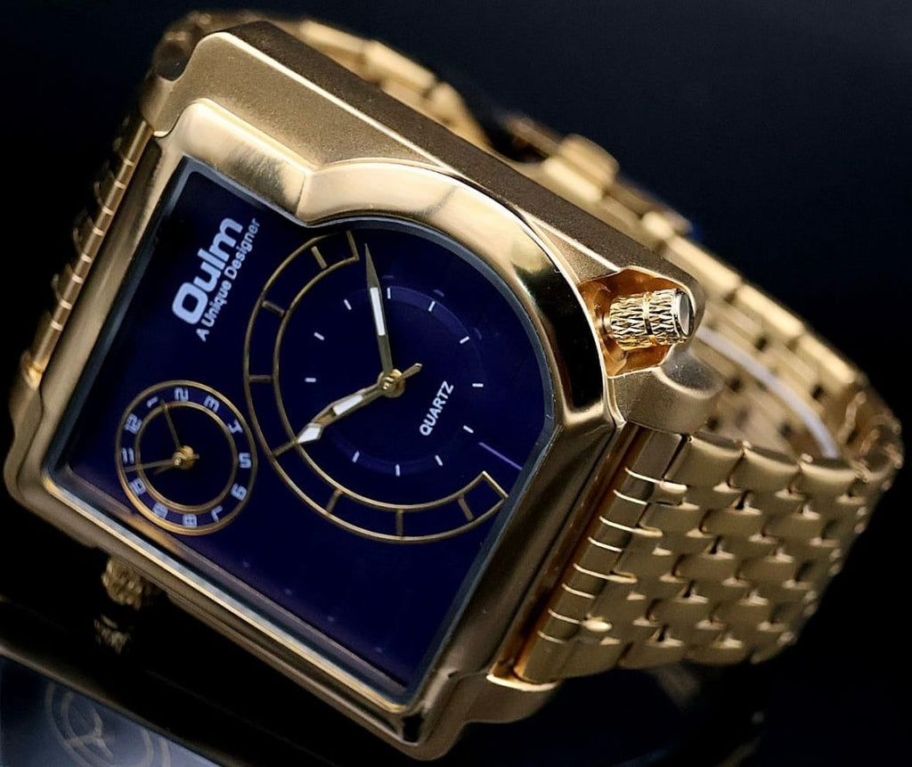 Edle Dual Timer Watch Herren Edelstahl Armband Uhr Blau Gold Farben Herrenuhr1