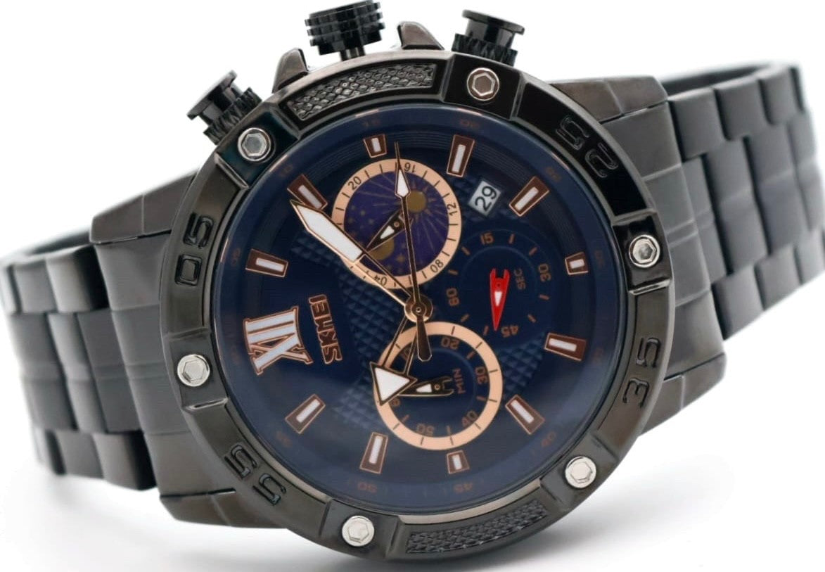 HERRENUHR - SKM - CHRONOGRAPH - STOPPUHR - DATUM - EDELSTAHL - BLACK - 48MM- NEU1