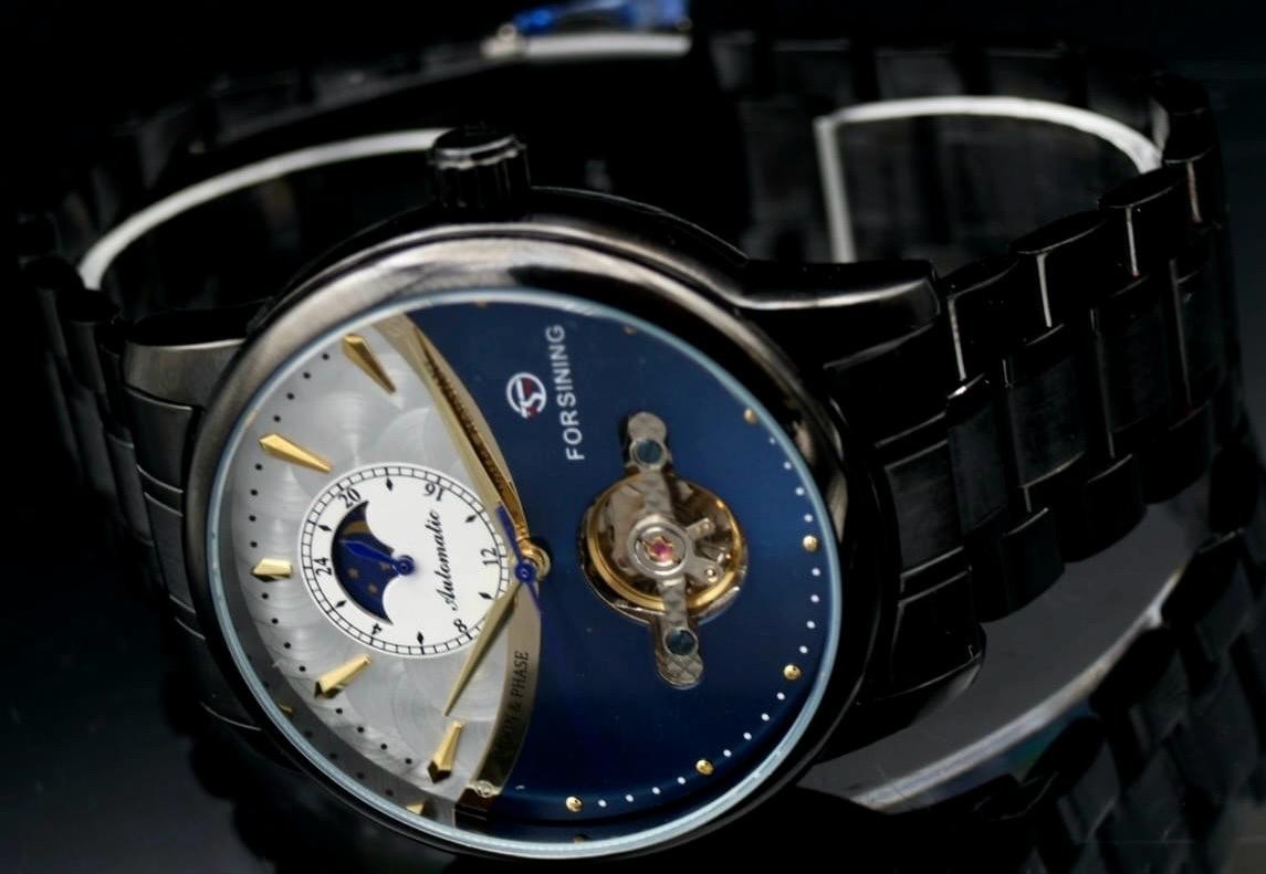 Herren Männer Automatik Uhr ausgefallenes Design Blau Farben Keramik Look NEU1