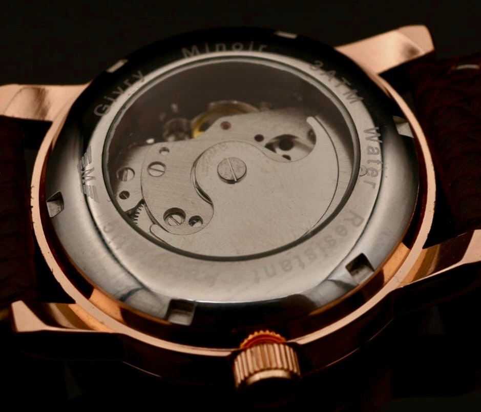 Minoir Automatik Herrenuhr Geschenkidee Premium Schwarz Rosé Farben Lederband2
