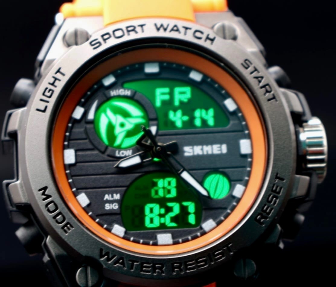 SKM Herrenuhr Digital Analog Uhr Sport Watch Silikonarmband Orange 46mm Neu2