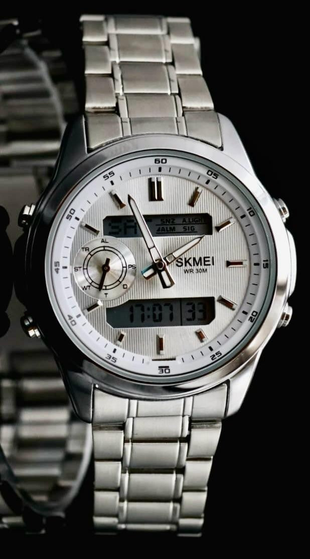 SKM Digital & Analog Herren Männer Uhr Armbanduhr 42mm Silber Farben Neu0