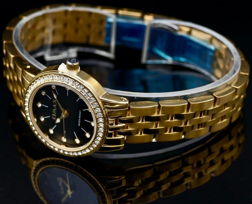 Edle Omax  Damen Armband Uhr Schwarz Gold Farben Damenuhr Strass IP Veredelt NEU1