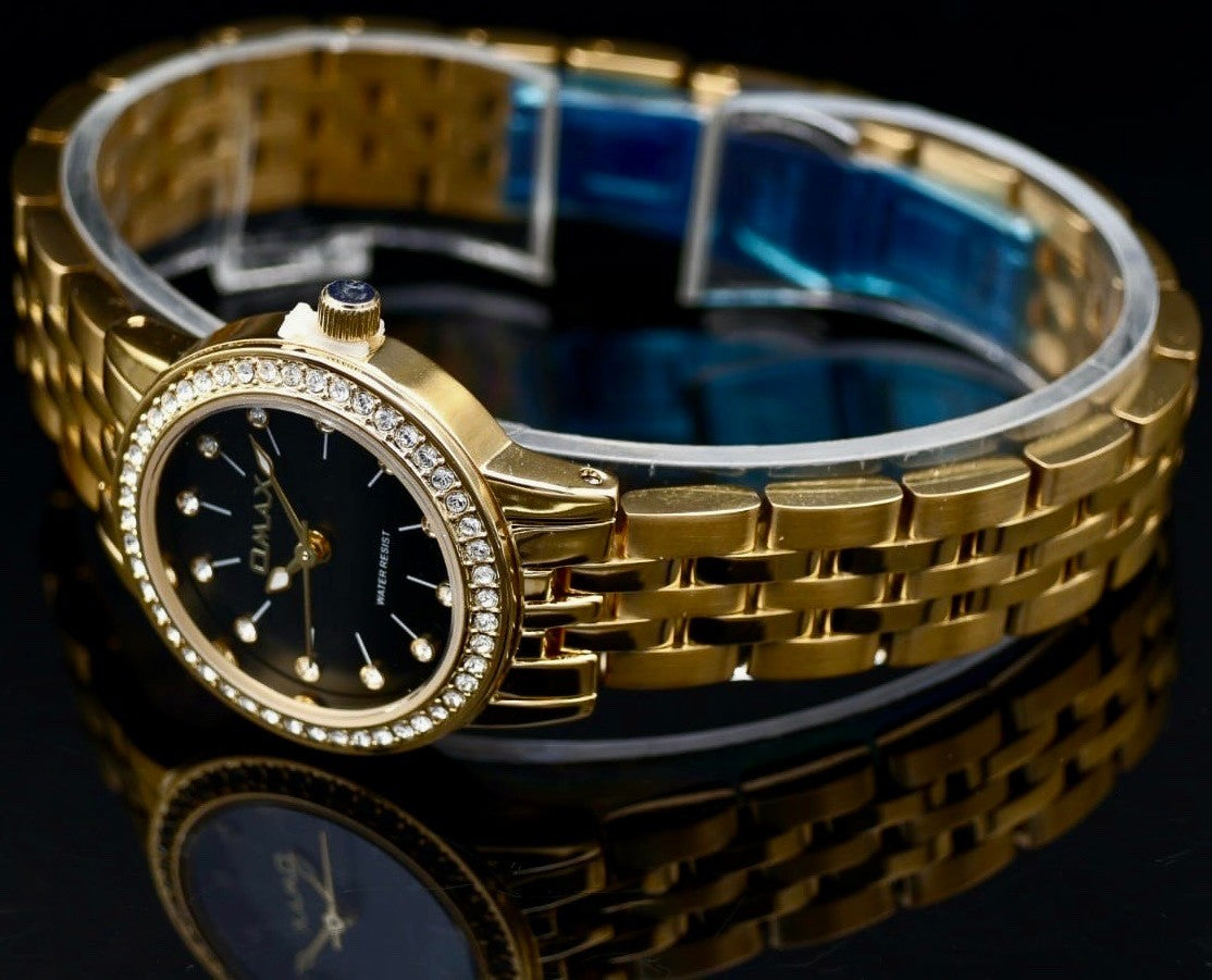 Edle Omax  Damen Armband Uhr Schwarz Gold Farben Damenuhr Strass IP Veredelt NEU1