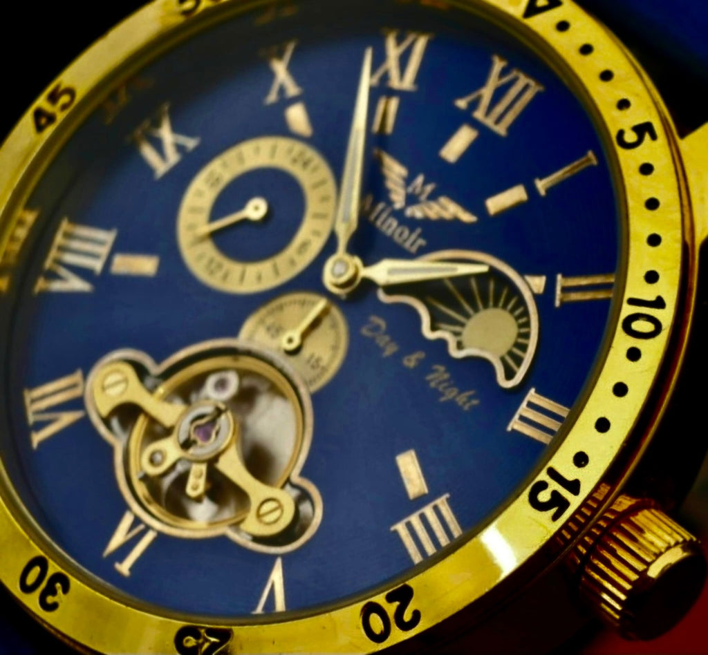 Minoir Automatik Herren Armbanduhr Modern mit Glasboden Blau Gold Farben 013