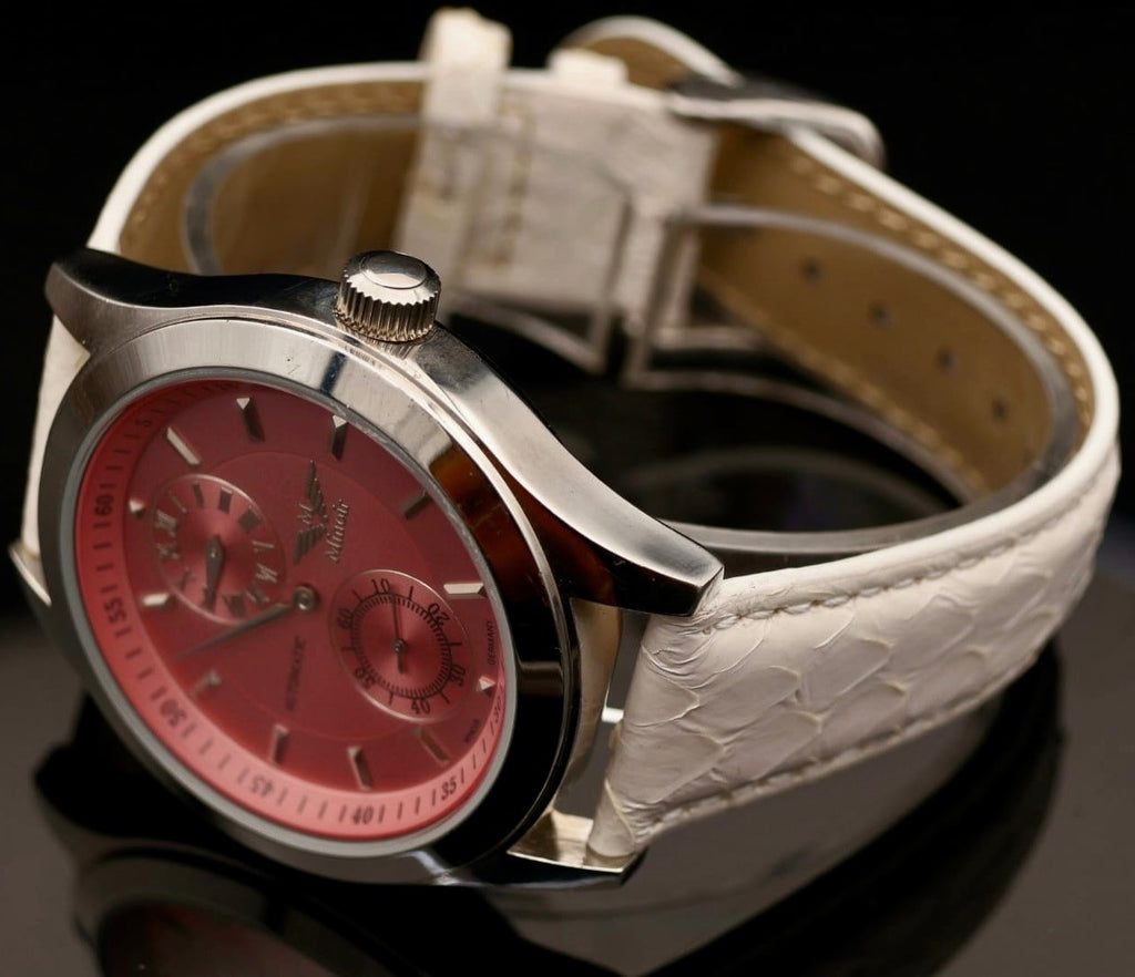 Minoir Damen Uhr Automatikuhr Armbanduhr Pinke Damenuhr mit Lederband in Weiß1