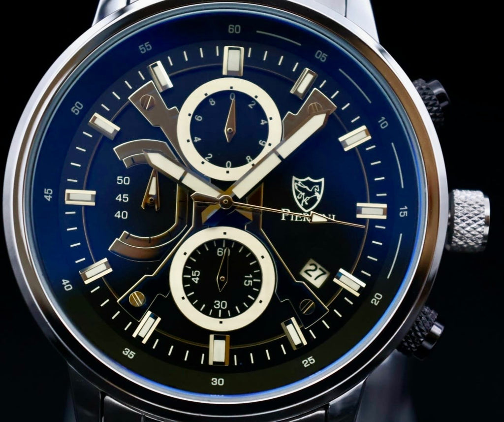 Pierrini Herren Armband Uhr Chronograph Stoppuhr Datum Silber Schwarz Farben*732