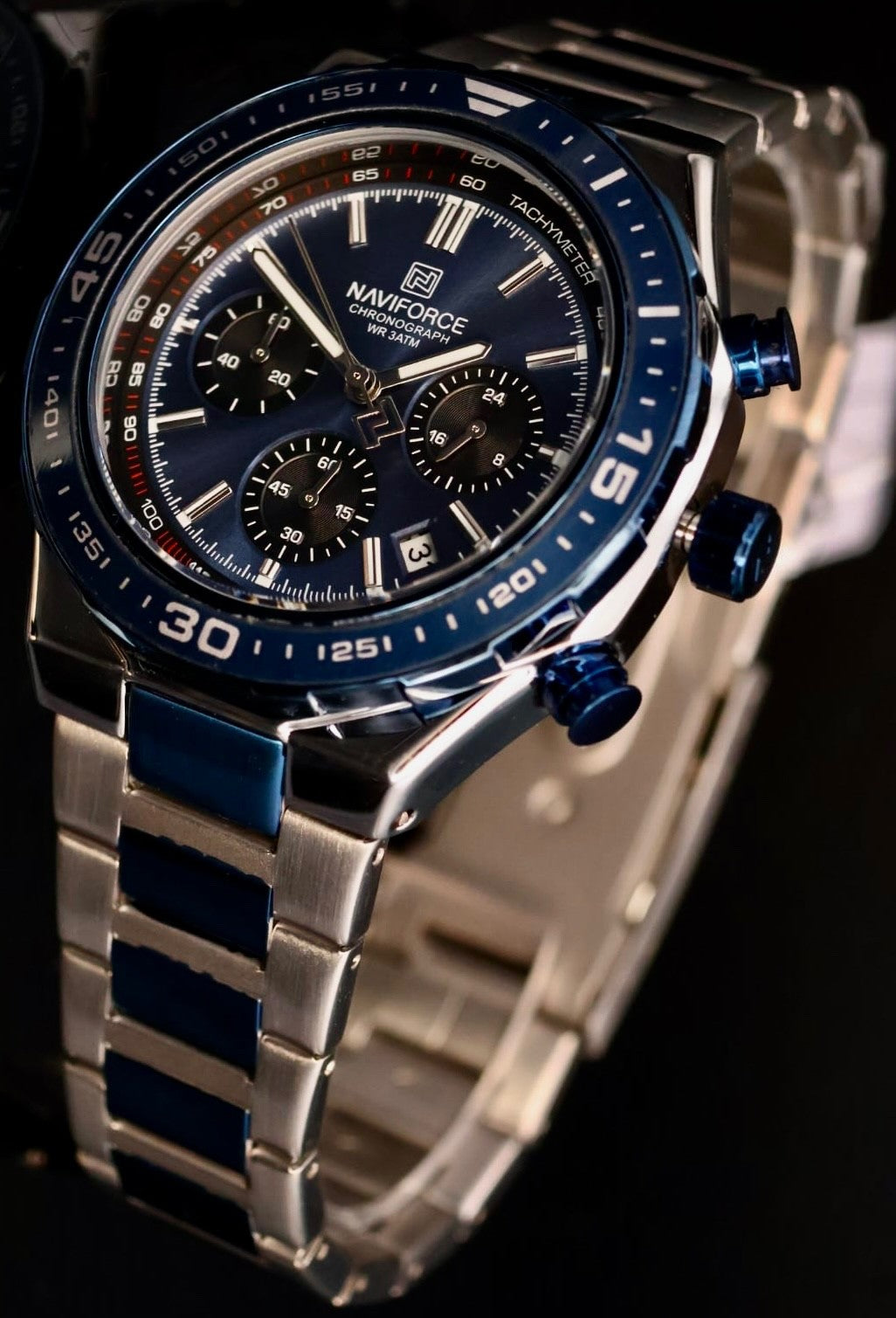 Naviforce Herren Männer Armband Uhr Chronograph Stoppuhr Silber Blau Farben NEU0