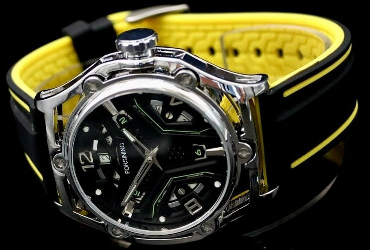 Herren Männer Automatik Uhr im Sport Design Silber Schwarz/Gelb Farben Silikon1