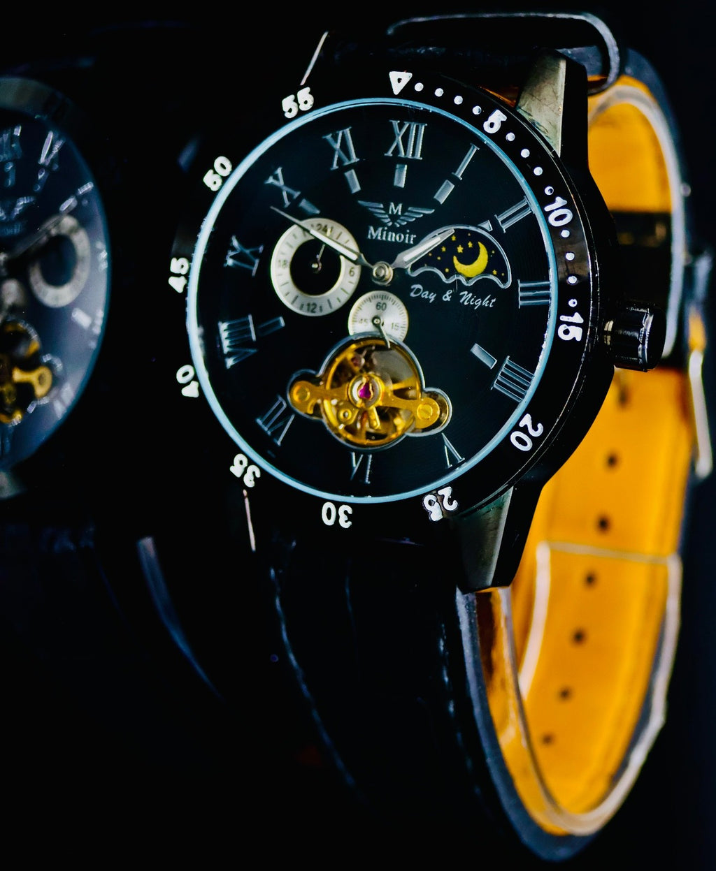 Minoir Automatikuhr Armbanduhr Herrenuhr offene Unruh Glasboden Schwarz Farben0