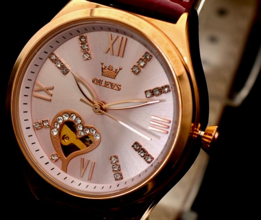 OLEVS Damen Frauen Automatik Uhr Automatikuhr Rosa Rot Farben mit Lederband Neu2