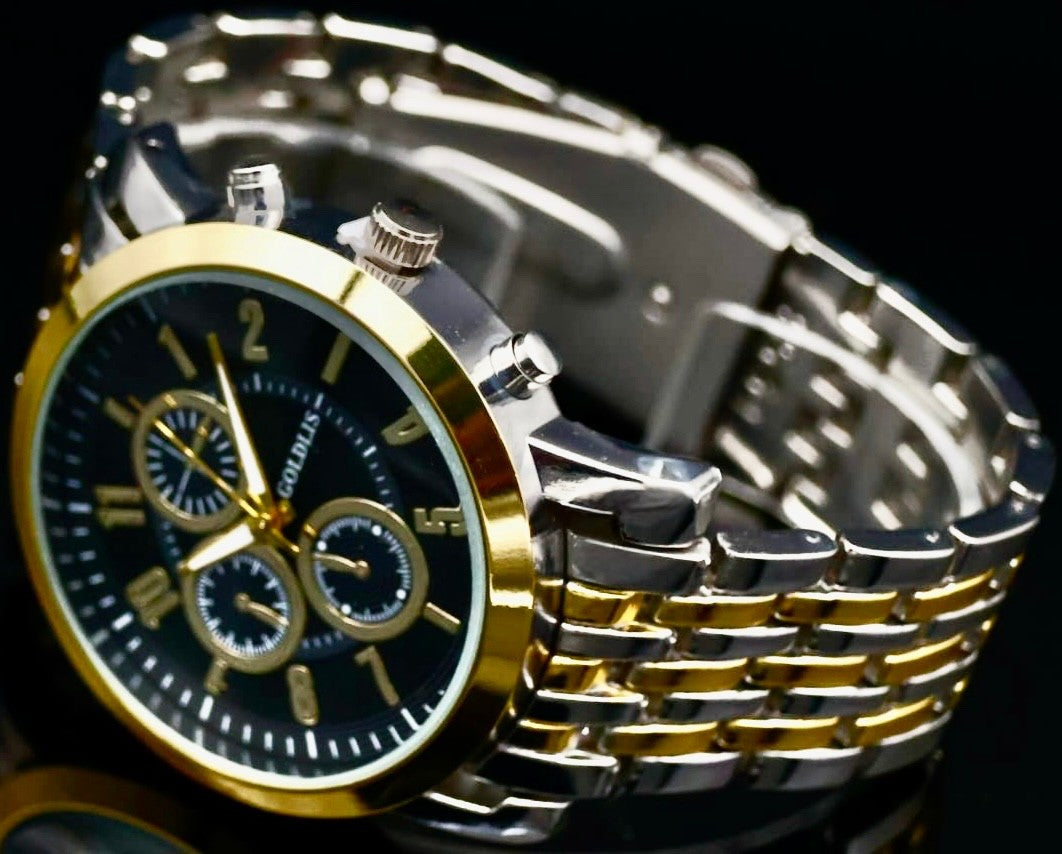 Herren Armband Männer Uhr  Schwarz SilberGold Farben Chrono-Look Bicolor * NEU1