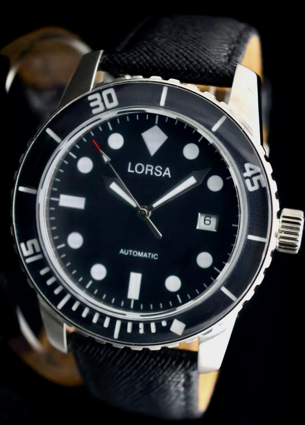 Lorsa Armbanduhr Herren Automatik Uhr Datum Taucher Style Lederarmband Neu0