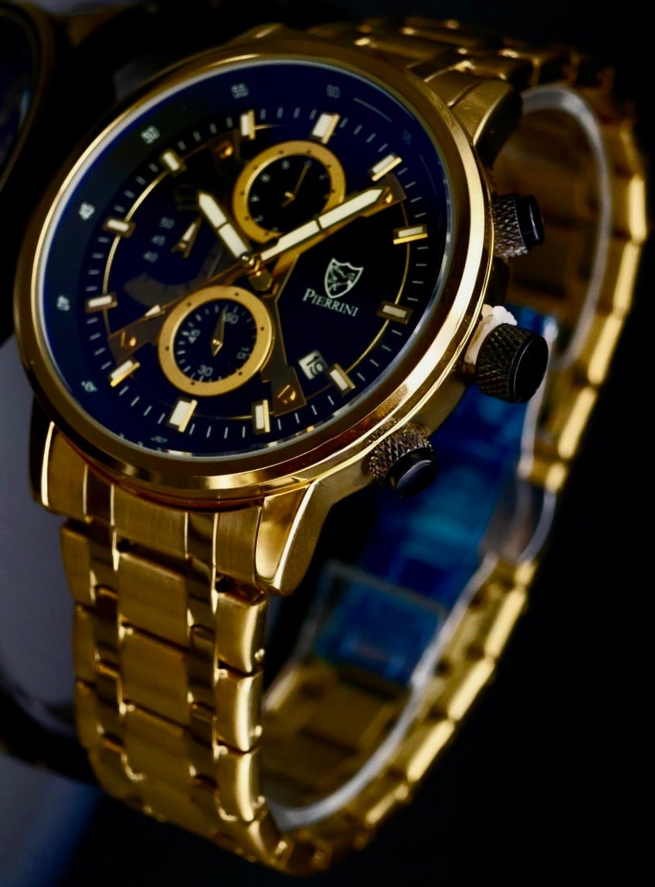 Edle Pierrini Herren Armband Uhr Chronograph Stoppuhr Datum Schwarz Gold Farben*0