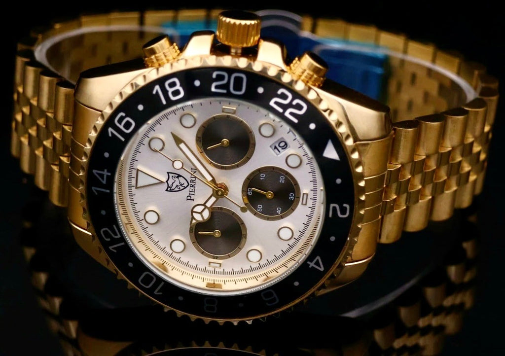 Pierrini Herren Armband Uhr Chronograph Stoppuhr Datum Siler Gold Farben Neu **1