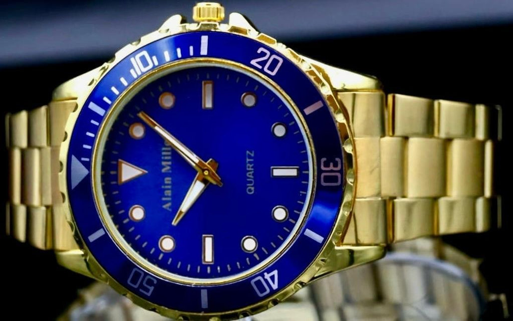 Alain Miller Herren Armband Männer Uhr Gold Blau Edelstahl sportliches Design1