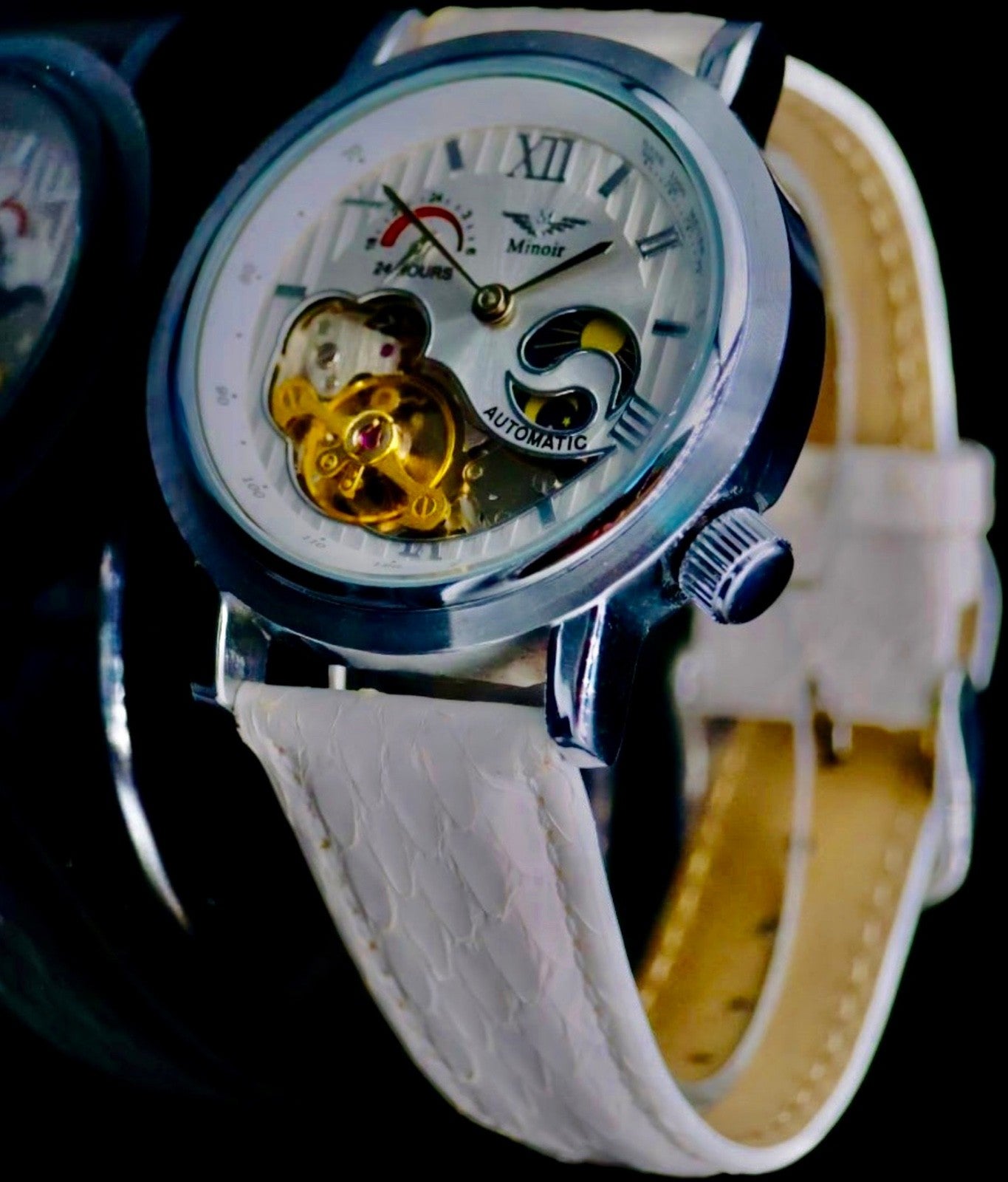 Edle Minoir Herren Weiß Farben Uhr Automatikuhr Armbanduhr Herrenuhr Lederband0