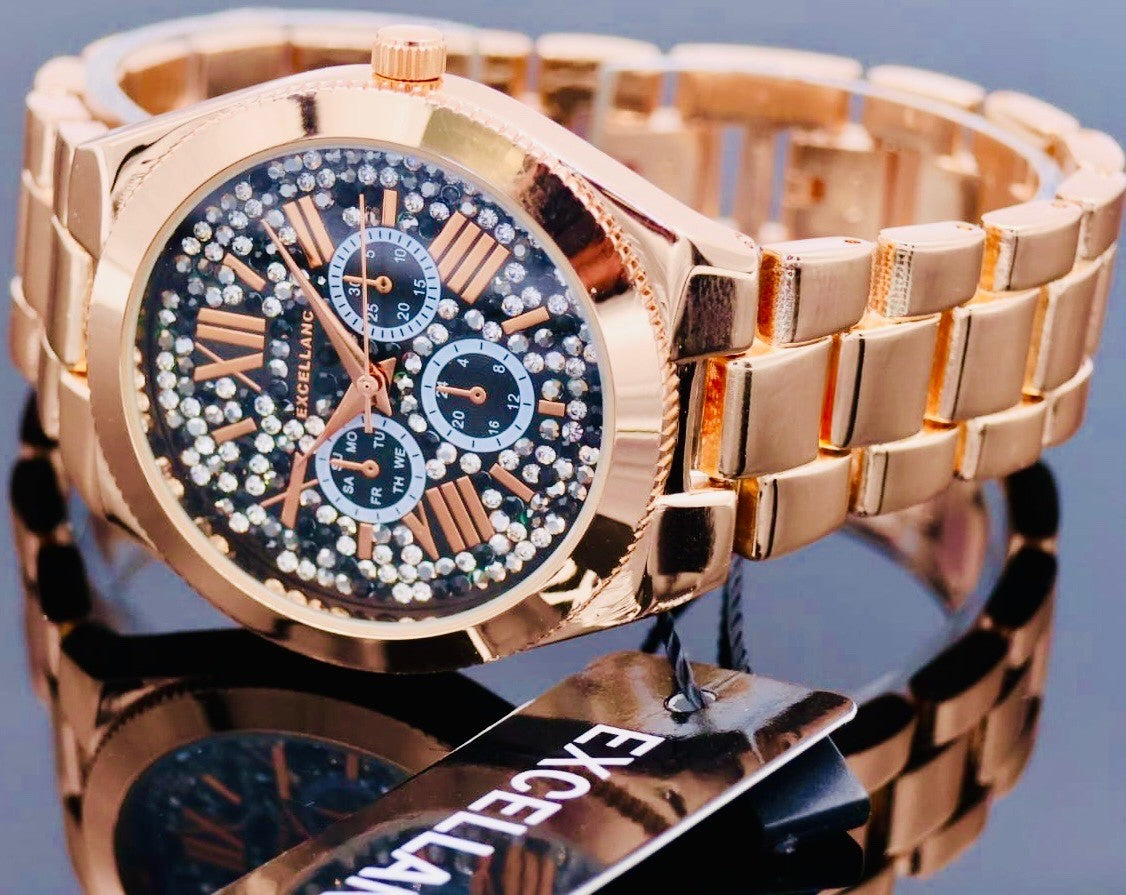 Excellanc  Damen  Armband Uhr Rosé Schwarz Farben Damenuhr Mineralglas1