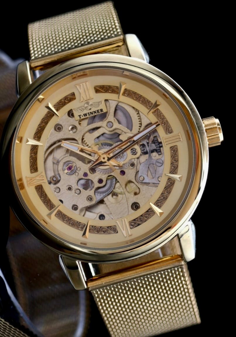 T-Winner Herren Automatikuhr Mechanisch Skelett Uhr Gold Farben Melanaise-Band1