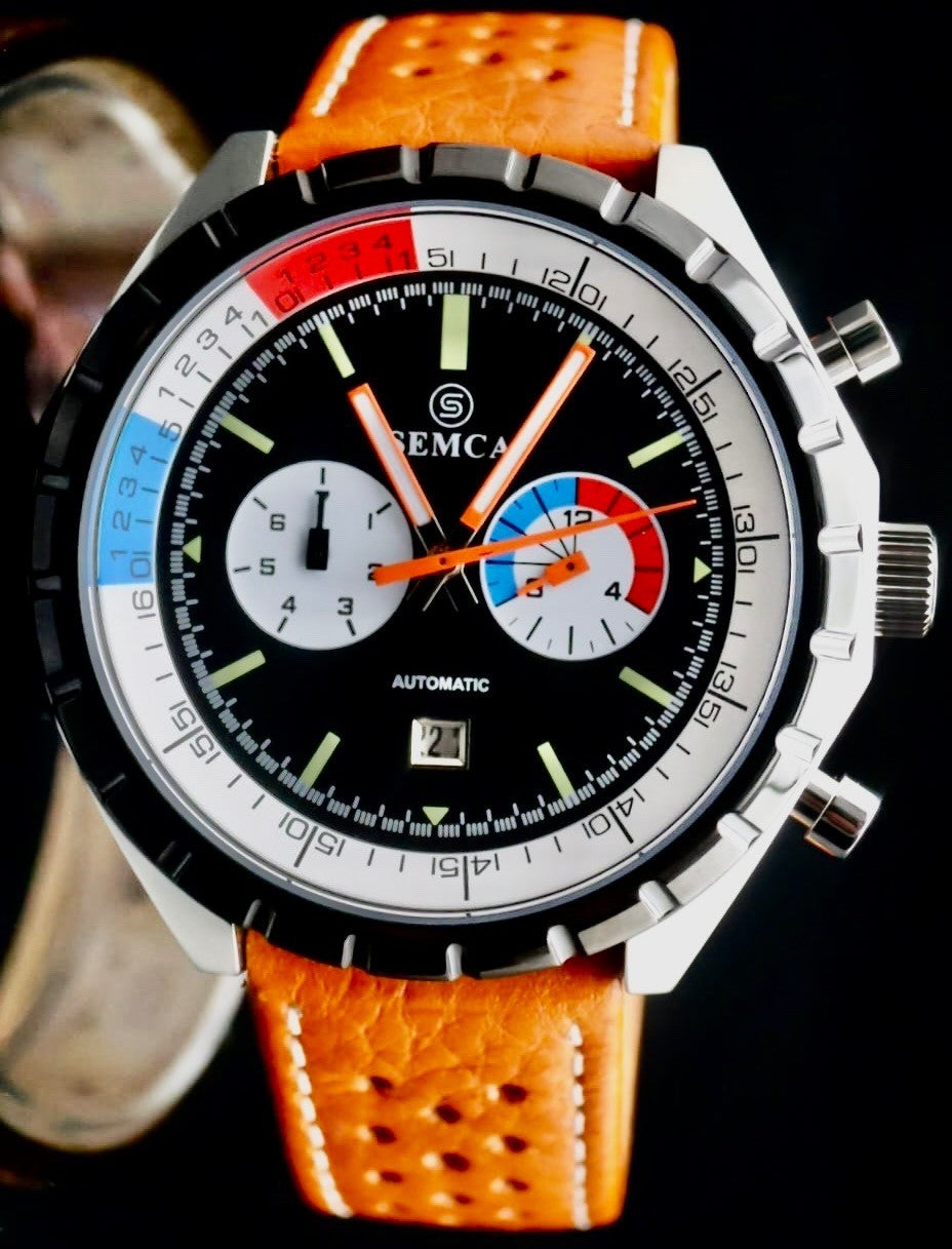 Semca Herrenuhr Herren Automatik Uhr NOS-STYLE Retro Armbanduhr Datum Lederband*0