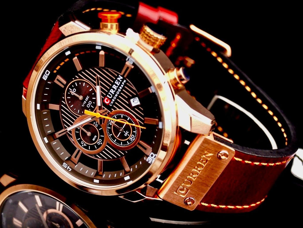 Edle Herren Männer Armband Uhr Chronograph Stoppuhr Datum NEU Rosé Braun Farben1