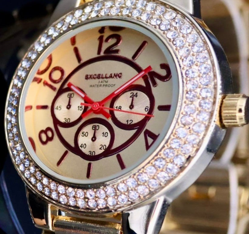 Excellanc Damen Frauen Armband Uhr Gold Farben Damenuhr Mineralglas Strass *2