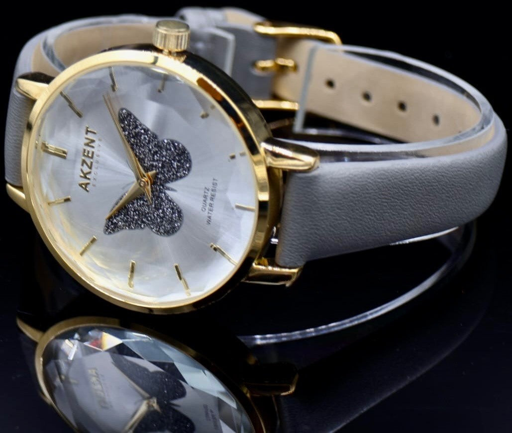 Top Akzent Exclusive Damen Armband Uhr Gold Grau Damenuhr Schmetterling Design311