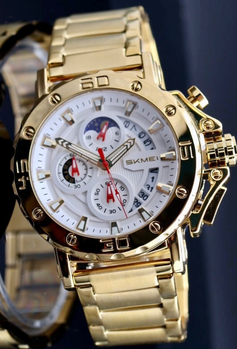 HERREN CHRONOGRAPH ARMBAND UHR GOLD FARBEN LUXURY EDELSTAHL 52MM NEU0