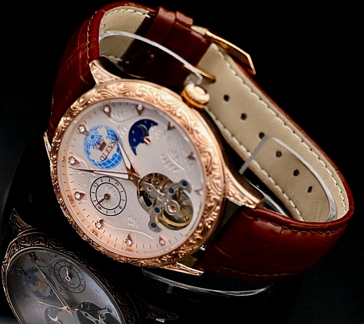 OLEVS Unisex Herren Damen Uhr Automatikuhr Weiß Rosé Braun Farben - offene Unruh1