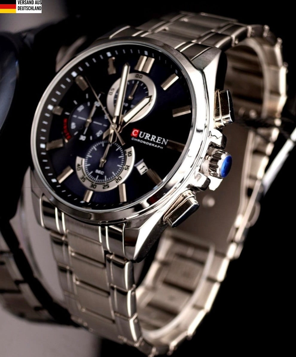 Edle Herren Männer Armband Uhr Chronograph Stoppuhr Datum Blau Silber Farben 20